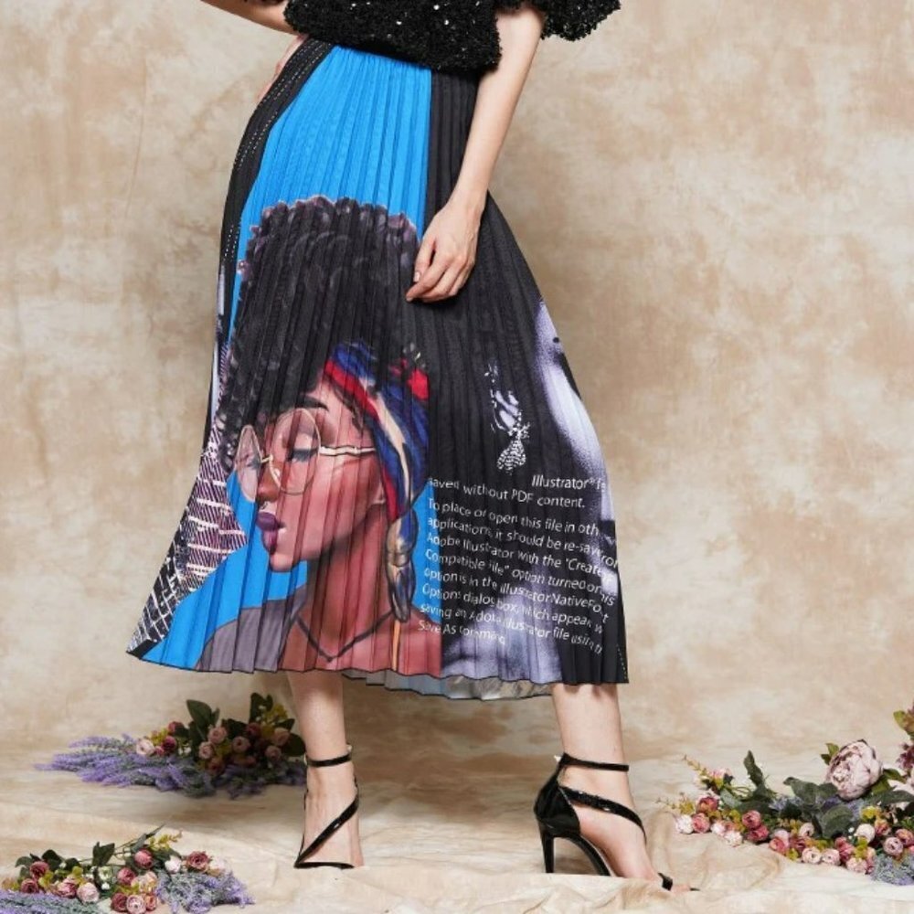 Why Dress Graffiti Face Print Pleated Skirt Size L